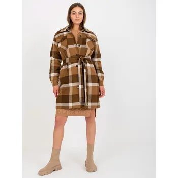 Dámský kabát Hnědý dámský kabát s kostkovaným vzorem a knoflíkovým zapínáním LK-