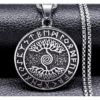 Náhrdelník B-TOP Vikingský náhrdelník z nerezové oceli s přívěskem Stromu Života a runami stříbrná