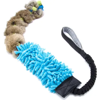 Hračka pro psa Přetahovadlo pro psa s amortizérem – mop s králičí kožešinou, motaný uzel Vyberte barvu: Modrá