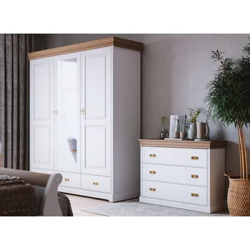 Šatní skříň Skříň KANIA 3-dvéřová se zrcadlem z finské borovice bílá/medová