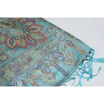 Šála Hedvábná šála Jamawar velká - Azurová s ornamenty 3