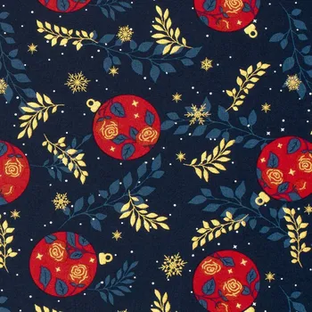 Vánoční látka z bavlny v tmavě modré barvě s potiskem ozdob 22731/008