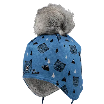 Kojenecká čepice RDX Chlapecká vázací čepice s bambulí Medvěd Modrá Vel. 3