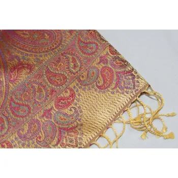 Šála Hedvábná šála Jamawar velká - Žlutá a nachová s ornamenty 2