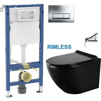 WC sada GEBERIT DuofixBasic s chromovým tlačítkem DELTA51 (458.103.00.2 51CR ME01)+ WC MEXEN LENA ČERNÁ Rimless + SEDÁTKO 458.103.00.2 51CR ME01