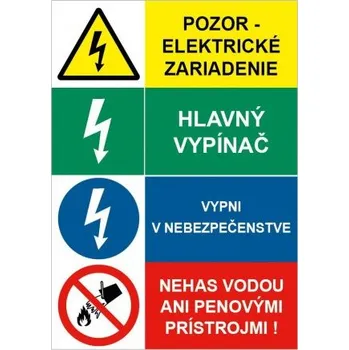 Nová práca, s.r.o. Bezpečnostní tabulka - Pozor, elektrické zariadenie.Hlavný vypínač.Vypni v nebezpečenstve.Nehas vodou ani pěnovými přístroji.