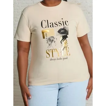 Dámské tričko Sinsay - Bavlněné oversize tričko s potiskem - béžová - 889GS-02X - 889GS-02X-4XL