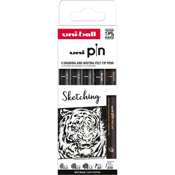 UNI - PIN Drawing - Sketching, sada linerů (0,4 mm/ 0,9 mm/ 1,2 mm/ BR/ EFB), mix barev - 5 ks
