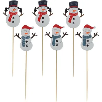 Vánoční dekorace Zápich dřevo 75x70mm + špejle sněhulák, bílá, červená, černá