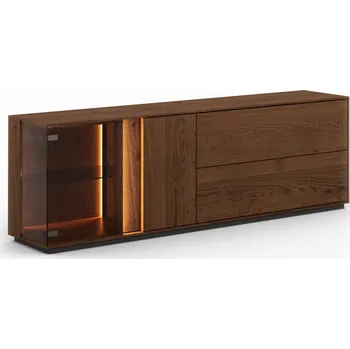 Komoda KATMANDU Dubová široká TV komoda s prosklením Collodi, Tabák, olejová, masiv, rozměr 60x185x43,5cm