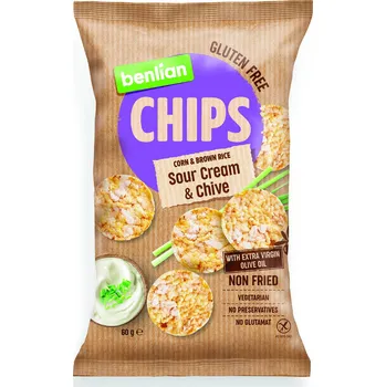 Slaná pochutina Benlian Rice Chips chipsy z kukuřice a hnědé rýže s příchutí zakysané smetana/pažitky 60 g