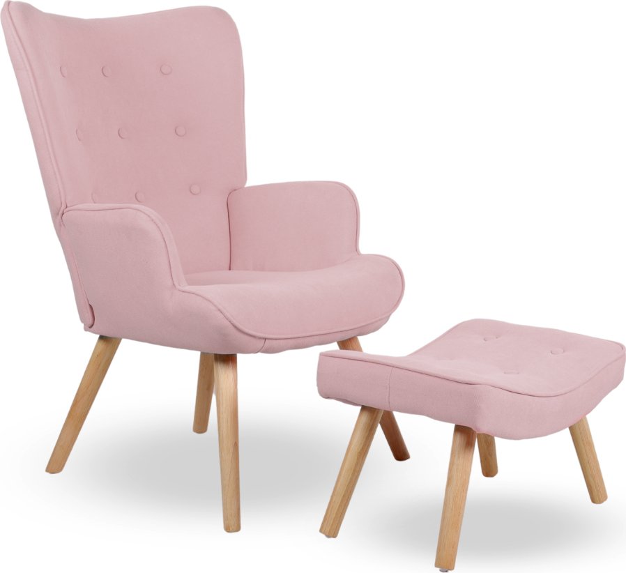 Křeslo ušák CORDU + taburet — masiv, látka, přírodní / růžová