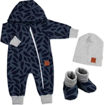 Kojenecká souprava Baby Nellys Rostoucí teplákový overal, čepice, botky 3D Nature/jeans/pírka