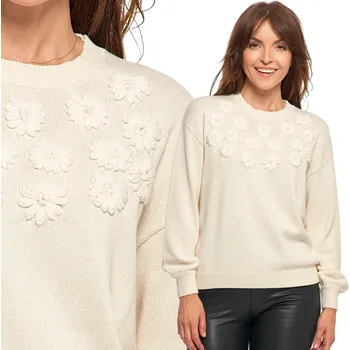 Dámský svetr DÁMSKÝ BAVLNĚNÝ SVETR S KVĚTINOVOU VÝŠIVKOU MÓDNÍ STYLOVÝ ECRU OVERSIZE MORAJ M