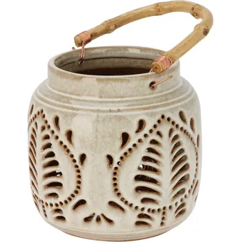 Svícen Lucerna porcelánová s bambusovým madlem 14,5 x 14 cm, béžová