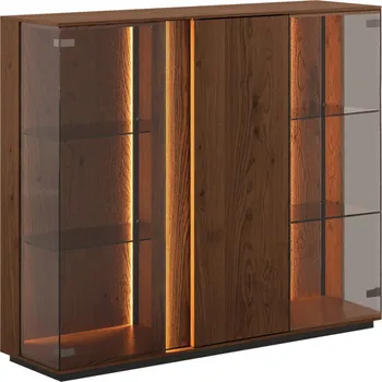 Knihovna KATMANDU Dubová nízká trojitá vitrína Collodi, Tabák, olejová, masiv, rozměr 115x135x37cm