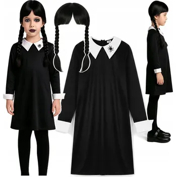 Karnevalový kostým Šaty Wednesday Adams Kostým Paruka s copánky 130/140 140 Cm