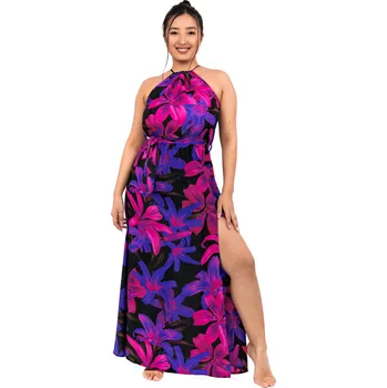 Dámské šaty Himalife Dlouhé šaty s páskem Bella - černá s růžovou a modrou Velikost: L/XL - Móda pro plnoštíhlé, Oblečení nadměrné velikosti