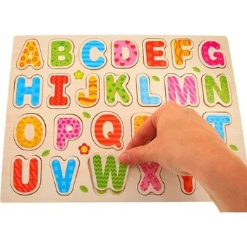 Dřevěná hračka MONTESSORI DŘEVĚNÉ PUZZLE ABECEDA VZDĚLÁVACÍ písmenka dřevěná tabulka