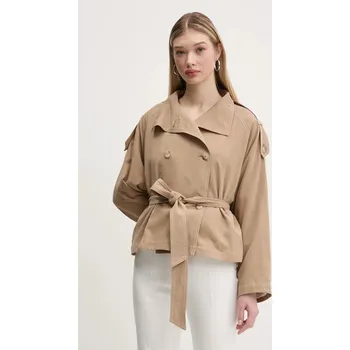 Dámský kabát Kabát s lněnou směsí HUGO béžová barva, oversize, 50536642 80X, vel. 38
