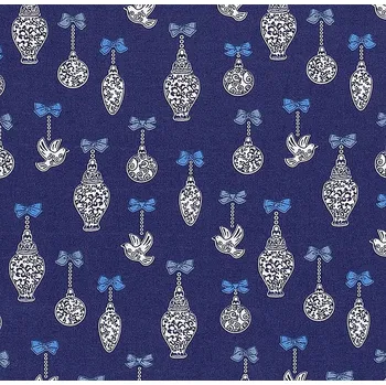 Vánoční látka z bavlny v modré barvě s potiskem ozdob 20770/008