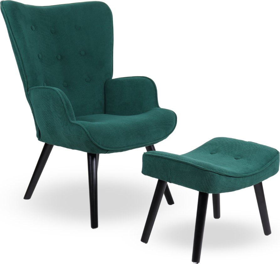 Křeslo ušák CORDU + taburet — masiv, manšestr, černá / zelená