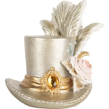Klobouk Stříbrná dekorace klobouk s peřím a růží - 13*11*13 cm