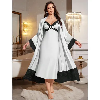 Dámská noční košile Saténová sexy košilka se županem Barva: Bílá, Velikostní tabulka: L