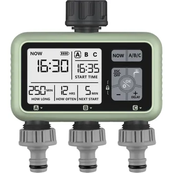 Zavlažovač Automatický zavlažovací časovač s LCD displejem Voděodolný IPX5 Zahradní regulátor zavlažování 3 výstupy Napájení 2x AA baterie