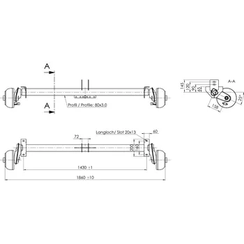 Zadní náprava Náprava AL-KO B 850-10 (1000 kg) a=1430 mm, c=1860 mm, 2051, 100x4, navářka na oj