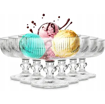 Sklenice 6 x Poháry Ryflované Skleněné na Nožičce na zmrzlinu na dezerty Zmrzlina Dezerty 270 ml