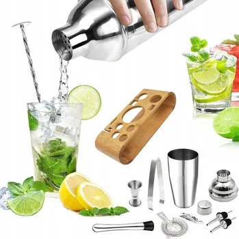 Shaker BARMANSKÁ SADA SHAKER NA KOKTEJLY DRINKY 12 ks. Stříbrný Shaker + Stojan