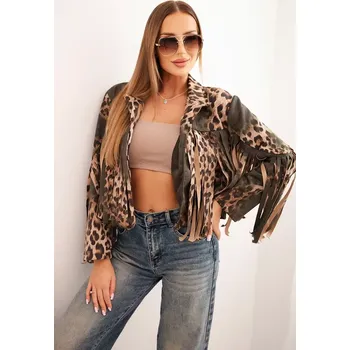 Kesi Włoski Dámská semišová bunda s leopardím vzorem a třásněmi khaki Kesi Włoski hnědá | kaki | krémová 3408246