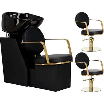 Kadeřnické křeslo Axel Sada Kadeřnický mycí box a 2x Kadeřnická hydraulická otočná křesla s podnožkou do kadeřnického salonu mycí box pohyblivá keramická mísa armatura baterie sprchová hlavice 1-ZF-047001-BP