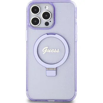 Pouzdro na mobilní telefon Zadní kryt Guess IML Ring Stand Glitter MagSafe pro Apple iPhone 15 Pro Max, nachová