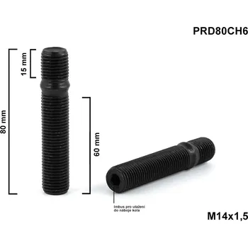 Kolový svorník M14x1,5x60/15 oboustranný závit, PRD80CH6, černý, celková délka 80 mm