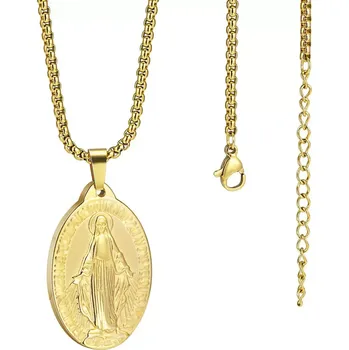 Náhrdelník Ocelový medailonek svátostka Panna Marie Zlatý - Model včetně řetízku 2 mm / 60 cm, Velikost Větší přívěsek 30 mm&nbsp;x&nbsp;18 mm