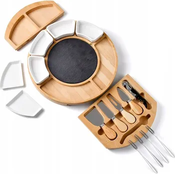 Kuchyňské prkénko Kulaté dřevěné prkénko s miskami na servírování sýrů, uzenin a chuťovek