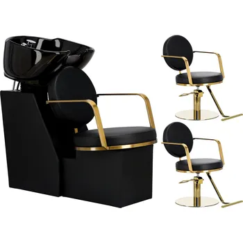 Kadeřnické křeslo Axel Sada Kadeřnický mycí box a 2x Kadeřnická hydraulická otočná křesla s podnožkou do kadeřnického salonu mycí box pohyblivá keramická mísa armatura baterie sprchová hlavice 1-ZF-047001