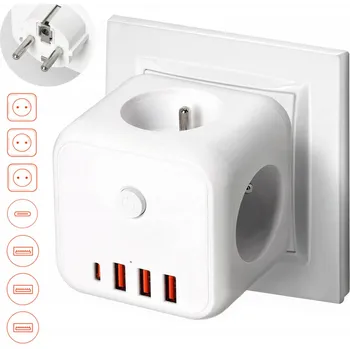 Elektrická zásuvka Elektrická zásuvka rozbočka USB 3-zásuvky s možností vypnutí + 4x USB BÍLÁ