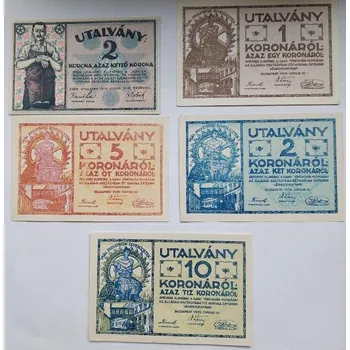 Maďarsko – Soubor nouzových Bankovek, 2, 5, 10 korona (Ganz Törzsgyár) + 2 korona (Schlick-Nicholson), Budapešť 1919