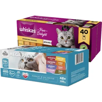 Krmivo pro kočku WHISKAS Adult sáčky 40 x 85 g Drůbeží hranolky - vlhké krmivo pro dospělé kočky, v želé (kousky s: kuřecím, krůtím, drůbežím, kachním) + Frendi sáčky pro kočky s masovou a rybí příchutí v želé 48x100g