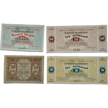 Maďarsko – Soubor nouzových Bankovek (1920) – 50 fillérů, 5 a 10 korona
