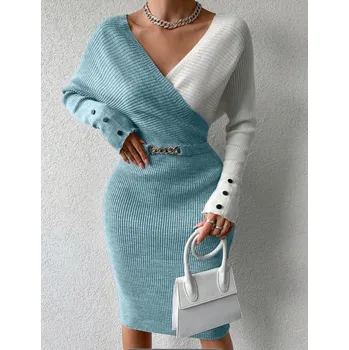 Dámské šaty Dámské pletené šaty s výstřihem Barva: Zelená, Velikostní tabulka: M