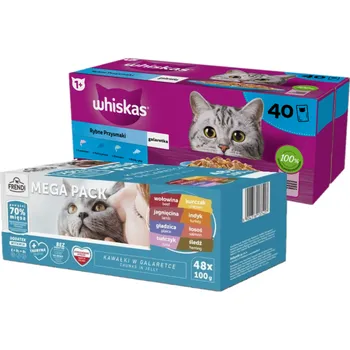 Krmivo pro kočku WHISKAS Adult sáčky 40 x 85 g Fishy Treats - vlhké krmivo pro dospělé kočky v želé (kousky s: lososem, tuňákem, treskou, bílou rybou) + Frendi sáčky pro kočky s masovou a rybí příchutí v želé 48x100g