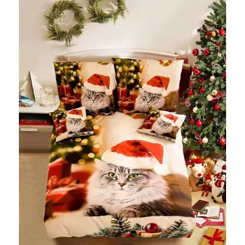 Povlečení 3 dílné 3D povlečení Polycotton Vánoční Cat 200x140cm+90x70cm TiaHome