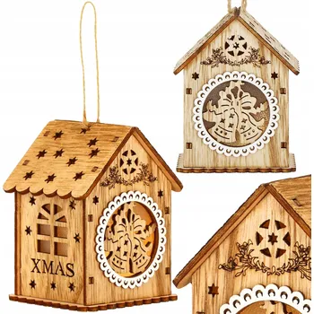 Vánoční dekorace OZDOBA NA VÁNOČNÍ STROMEČEK DOMEČEK STROMEK SVÍTÍCÍ DŘEVĚNÁ VÁNOČNÍ KOULE LED