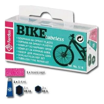 Příslušenství pro cyklistiku lepení FERDUS Tubeless 5 dílů (universální souprava na opravy plášťů, 3× záplata (1× 24×35 mm, 2× o 24 mm), 1× lepidlo, 1× smirek)