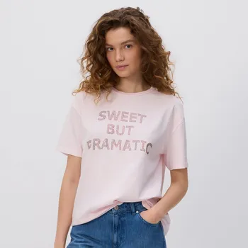 Dámské tričko Reserved - Oversize tričko s potiskem - pastelově růžová - 509GA-03X - 509GA-03X-XL