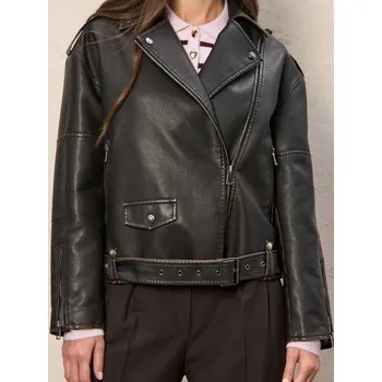 Dámský kabát Sinsay - Koženková bunda v&nbsp;motorkářském stylu - tmavě hnědá - 074FJ-89M - 074FJ-89M-S